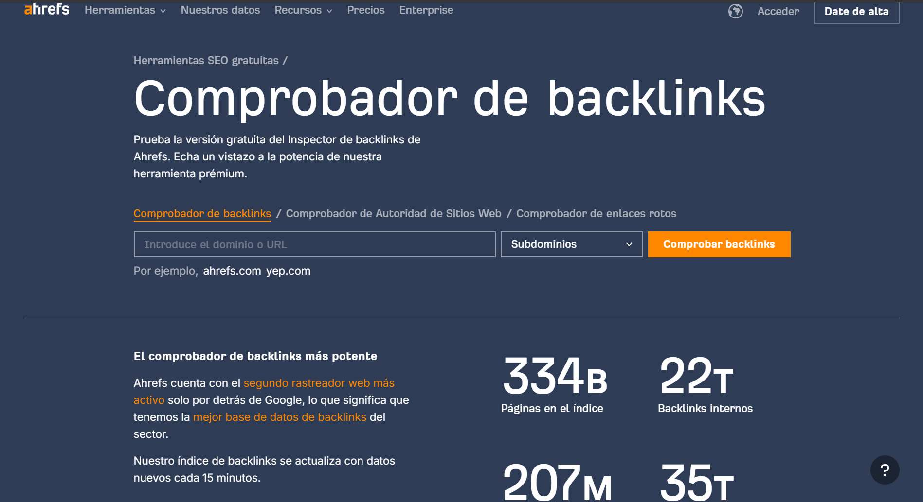 p&aacute;gina-de-inicio-de-Ahrefs-Backlink-Checker