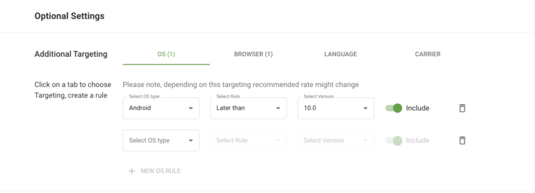Additional targeting settings