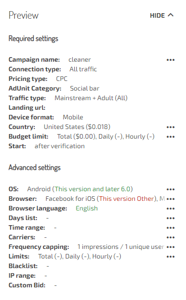 campaign settings on Adsterra