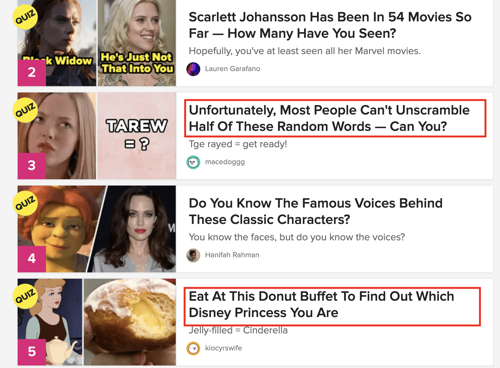 Engaging quiz titles from Buzzfeed