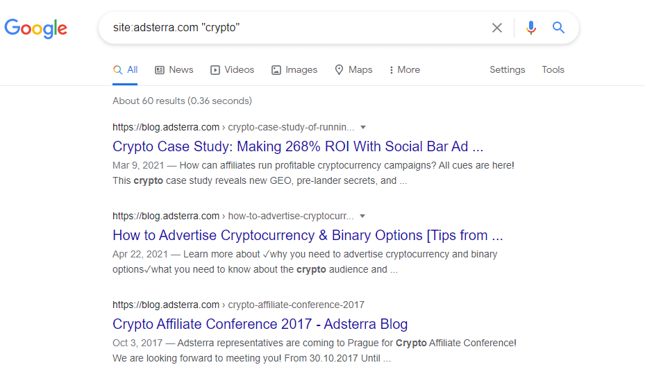 Google search results for crypto on adsterra website