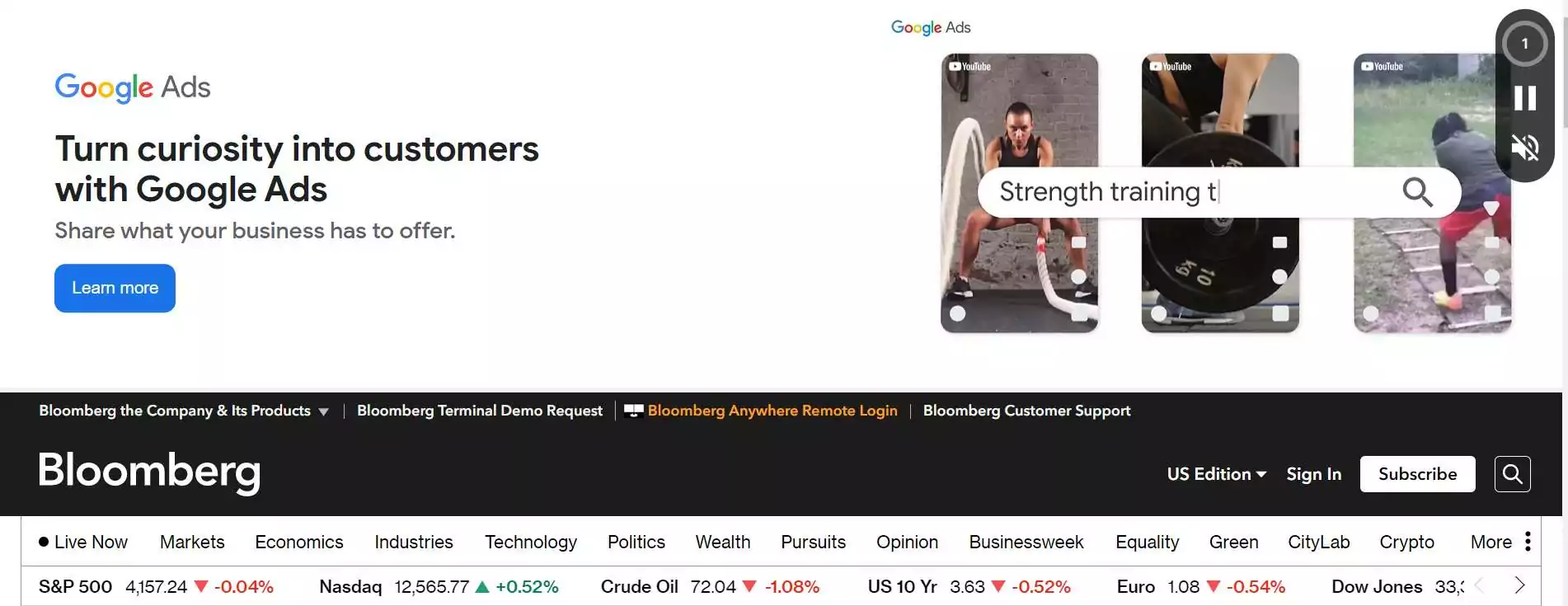 exemplo de an&uacute;ncio que o Google colocou na Bloomberg