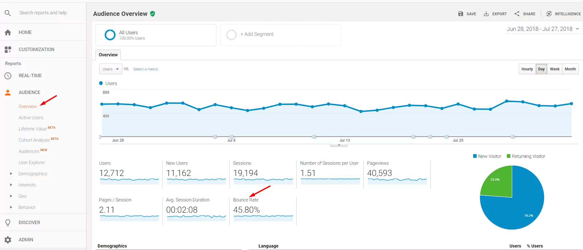Google Analytics Audience overview
