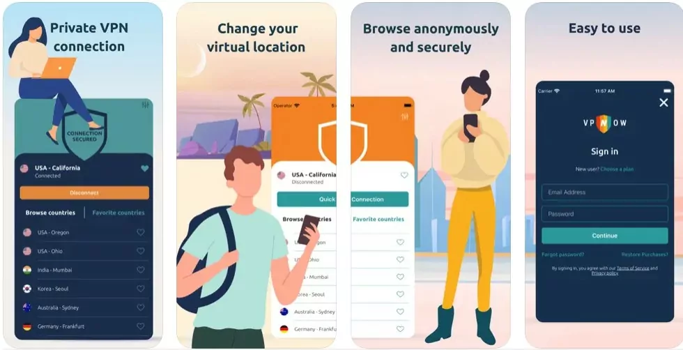 ilustraciones-de-una-chica-con-notebook-un-chico-con-celular-y-una-chica-con-celular-caracter&iacute;sticas-de-VPNow-en-letras-grandes