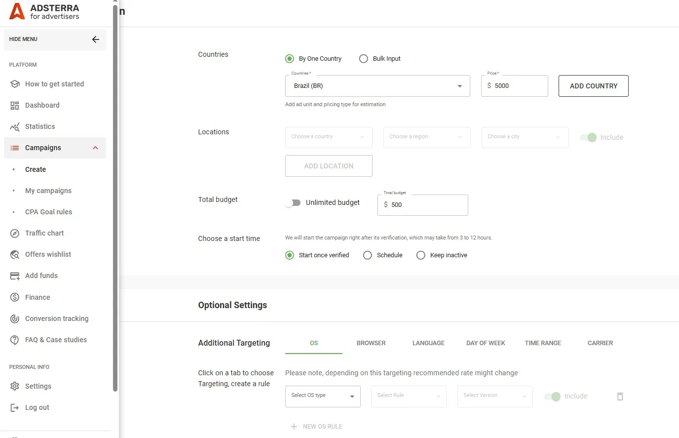 pagina-de-criacao-de-campanha-da-adsterra